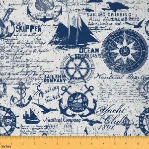 jejeloiu Nautical Outdoor Fabric by The Yard, Vintage Ocean Anchor Compass Upholstery Fabric for Chairs, Marine Sea Adventure Decorative Fabric for Home DIY Projects, 5 Yards, Navy Blue