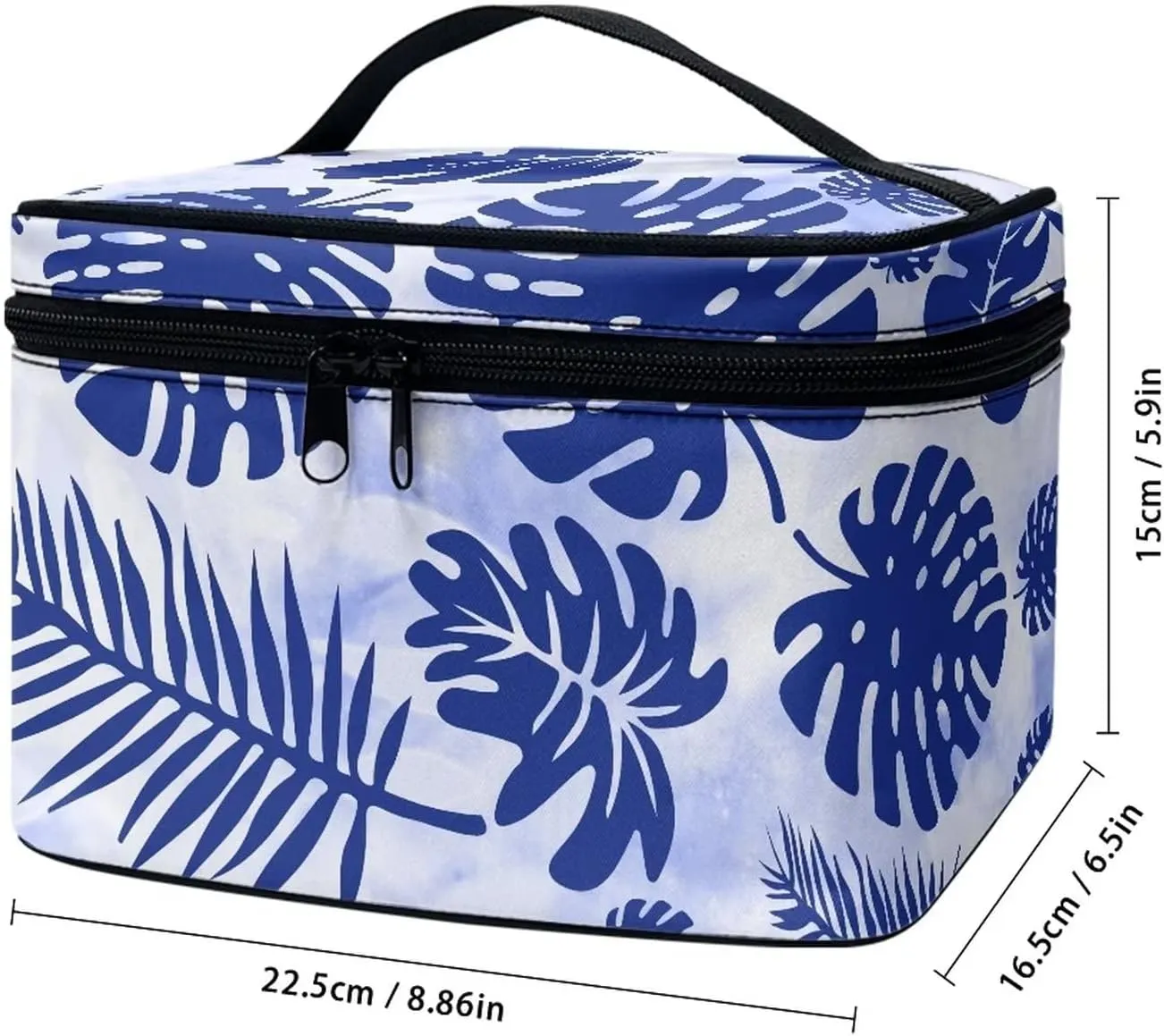 JEOCODY Blue Leave Makeup Pouch Multifunction Cosmetic Bag with Handle Toiletry Bag Waterproof Travel Hanging Organizer Bag for Women Girls