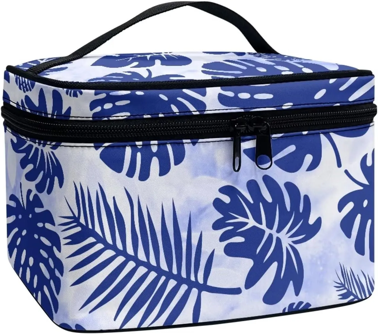 JEOCODY Blue Leave Makeup Pouch Multifunction Cosmetic Bag with Handle Toiletry Bag Waterproof Travel Hanging Organizer Bag for Women Girls
