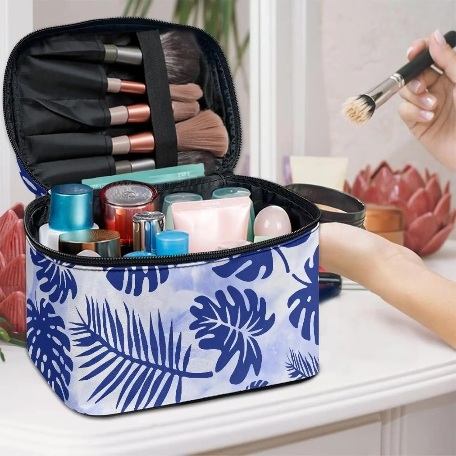 JEOCODY Blue Leave Makeup Pouch Multifunction Cosmetic Bag with Handle Toiletry Bag Waterproof Travel Hanging Organizer Bag for Women Girls