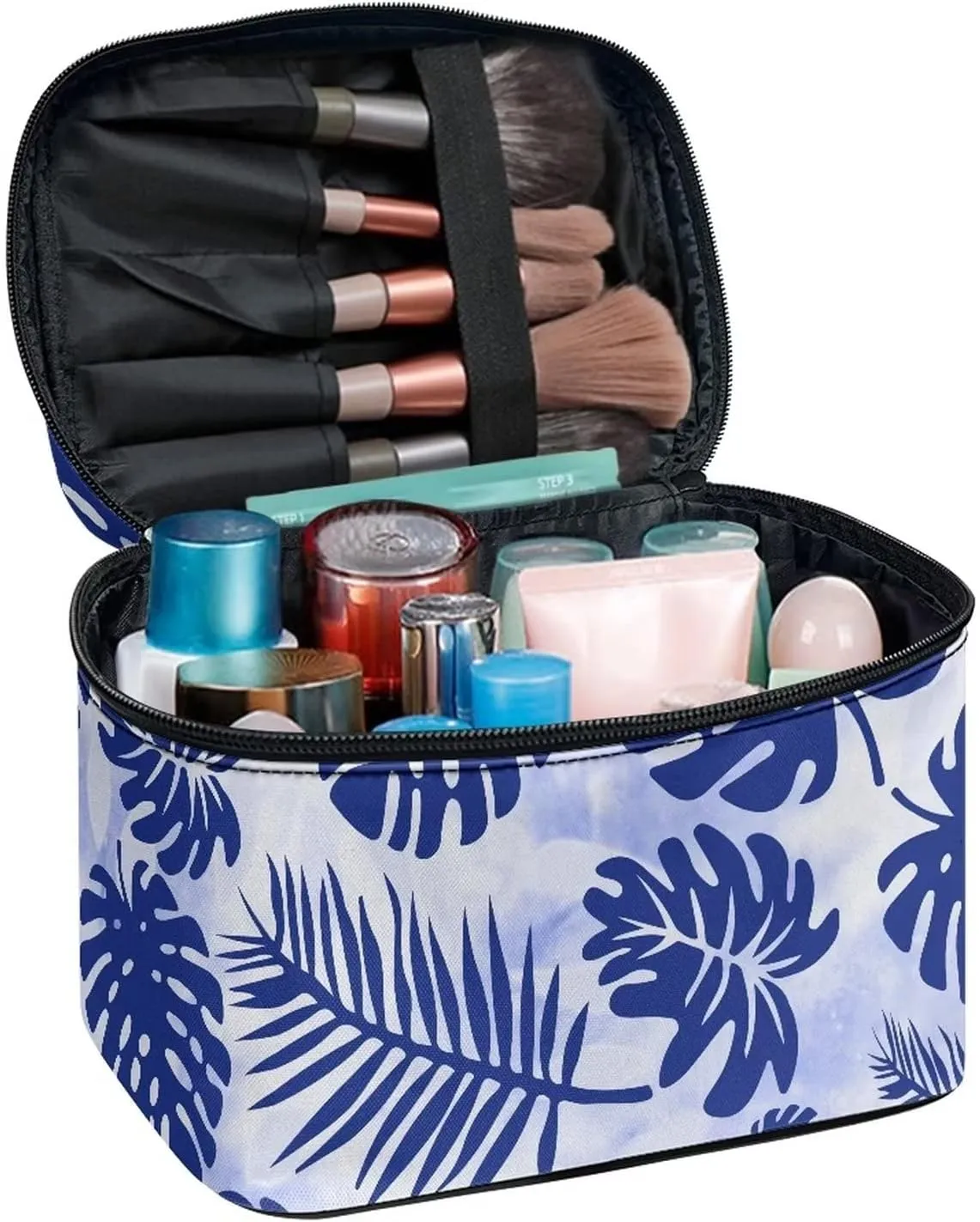 JEOCODY Blue Leave Makeup Pouch Multifunction Cosmetic Bag with Handle Toiletry Bag Waterproof Travel Hanging Organizer Bag for Women Girls