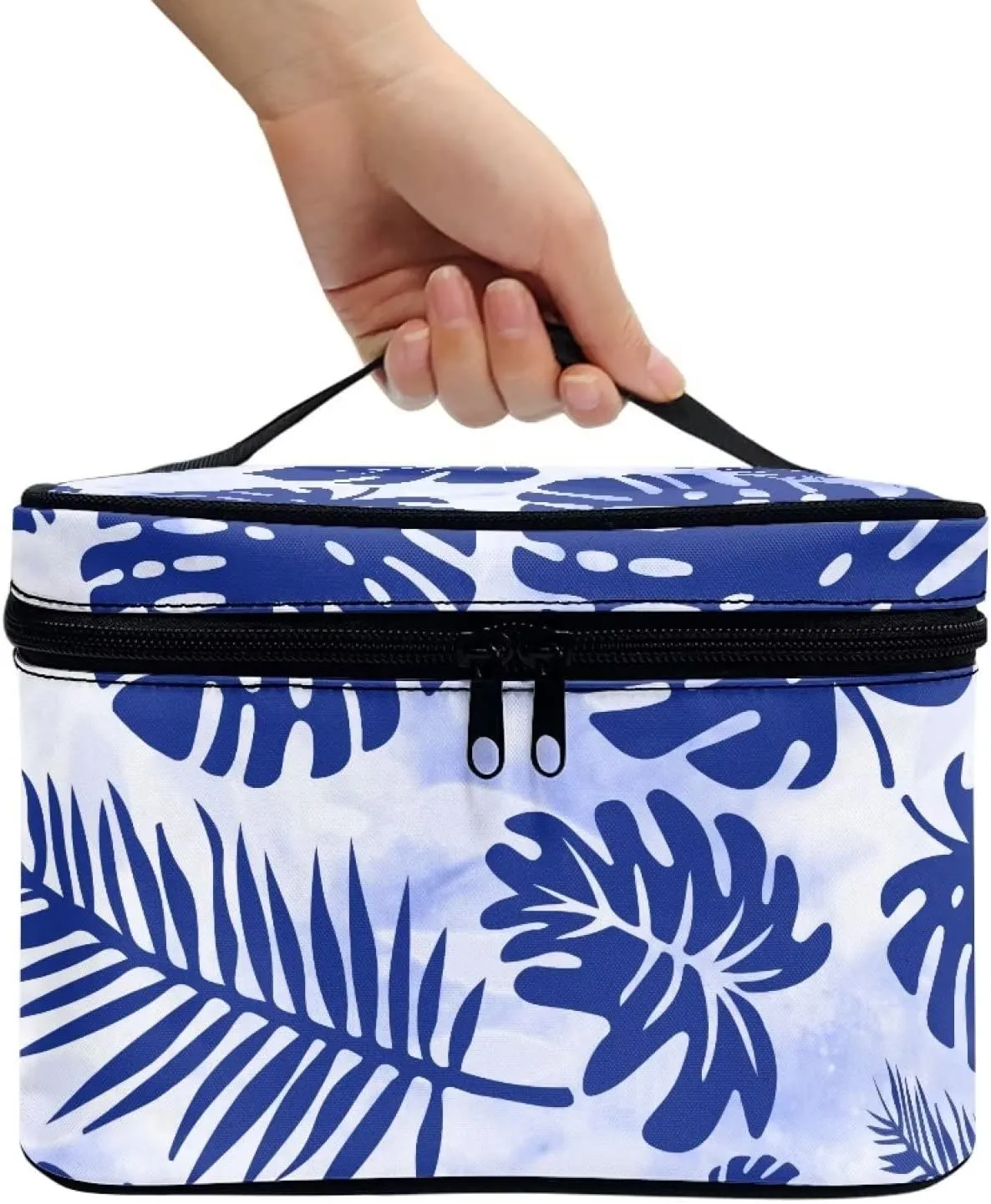 JEOCODY Blue Leave Makeup Pouch Multifunction Cosmetic Bag with Handle Toiletry Bag Waterproof Travel Hanging Organizer Bag for Women Girls
