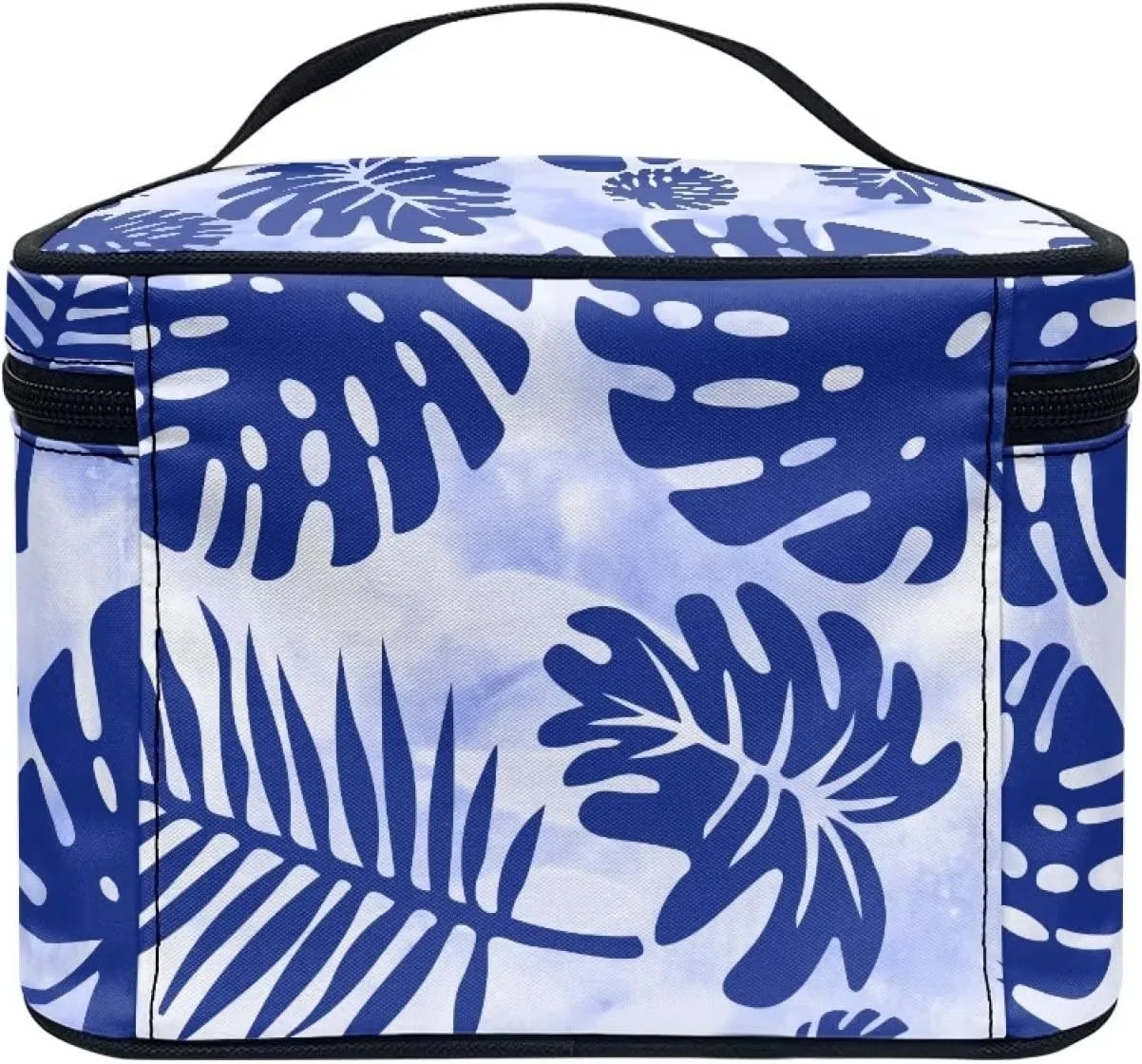 JEOCODY Blue Leave Makeup Pouch Multifunction Cosmetic Bag with Handle Toiletry Bag Waterproof Travel Hanging Organizer Bag for Women Girls
