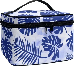 JEOCODY Blue Leave Makeup Pouch Multifunction Cosmetic Bag with Handle Toiletry Bag Waterproof Travel Hanging Organizer Bag for Women Girls