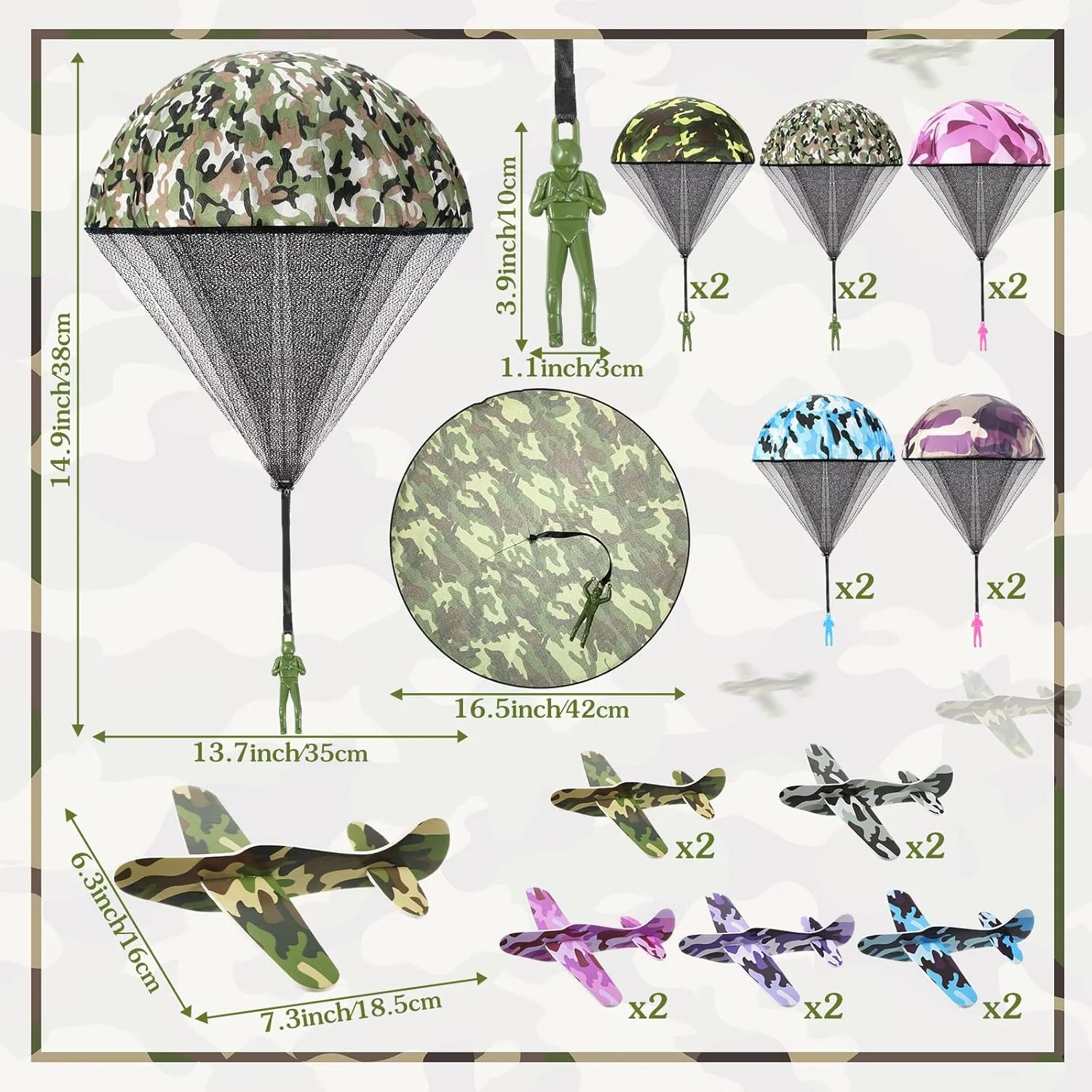 Jerify 20 Pcs Parachute Toy for Kids Army Toys Flying Parachute Outdoor Men and Camouflage Foam Airplanes Bulk for Boys 3 4 5 6 7 8 9 10 11 12 Year Old Gifts Birthdayparty Favors