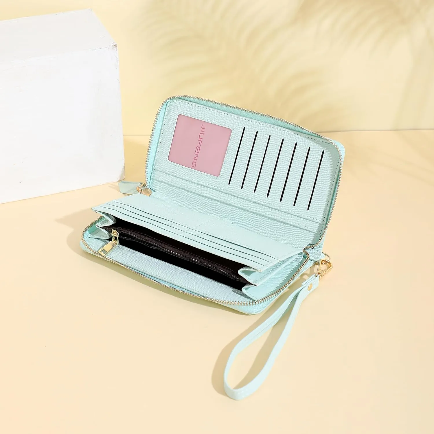 JIUFENG Women Long RFID Blocking Wallet Large Capacity Zipper Wristlet Purse Card Holder Cellphone Bag Fashion Clutches