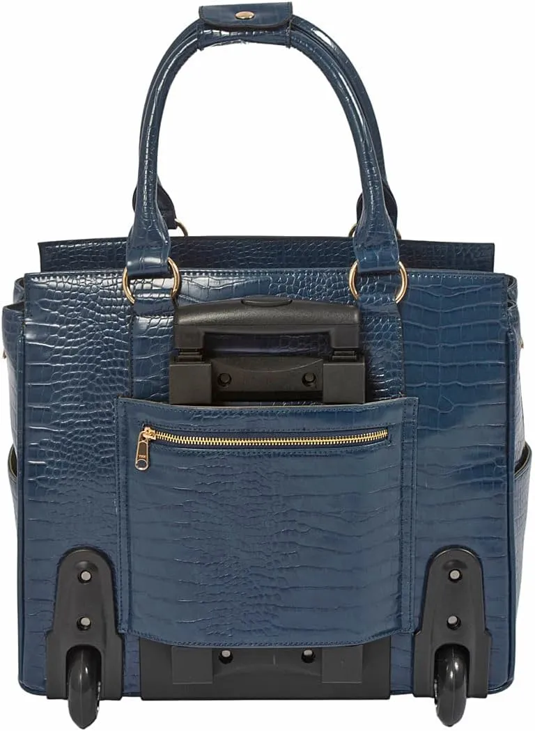 JKM & Company Rolling Laptop Bag for Women | Designer Wheeled Briefcase | Fits 13-17" Laptops | Office Travel Computer Case (Riviera (Blue))