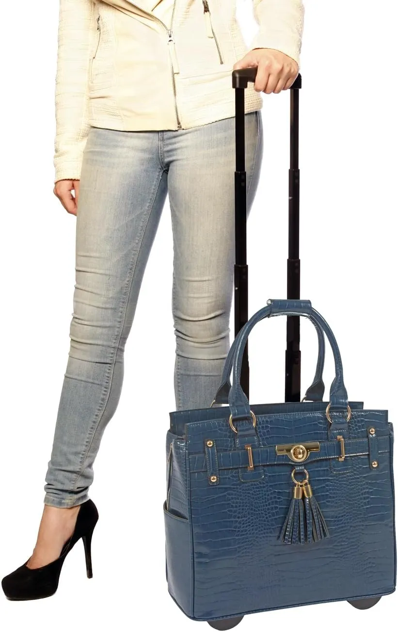 JKM & Company Rolling Laptop Bag for Women | Designer Wheeled Briefcase | Fits 13-17" Laptops | Office Travel Computer Case (Riviera (Blue))