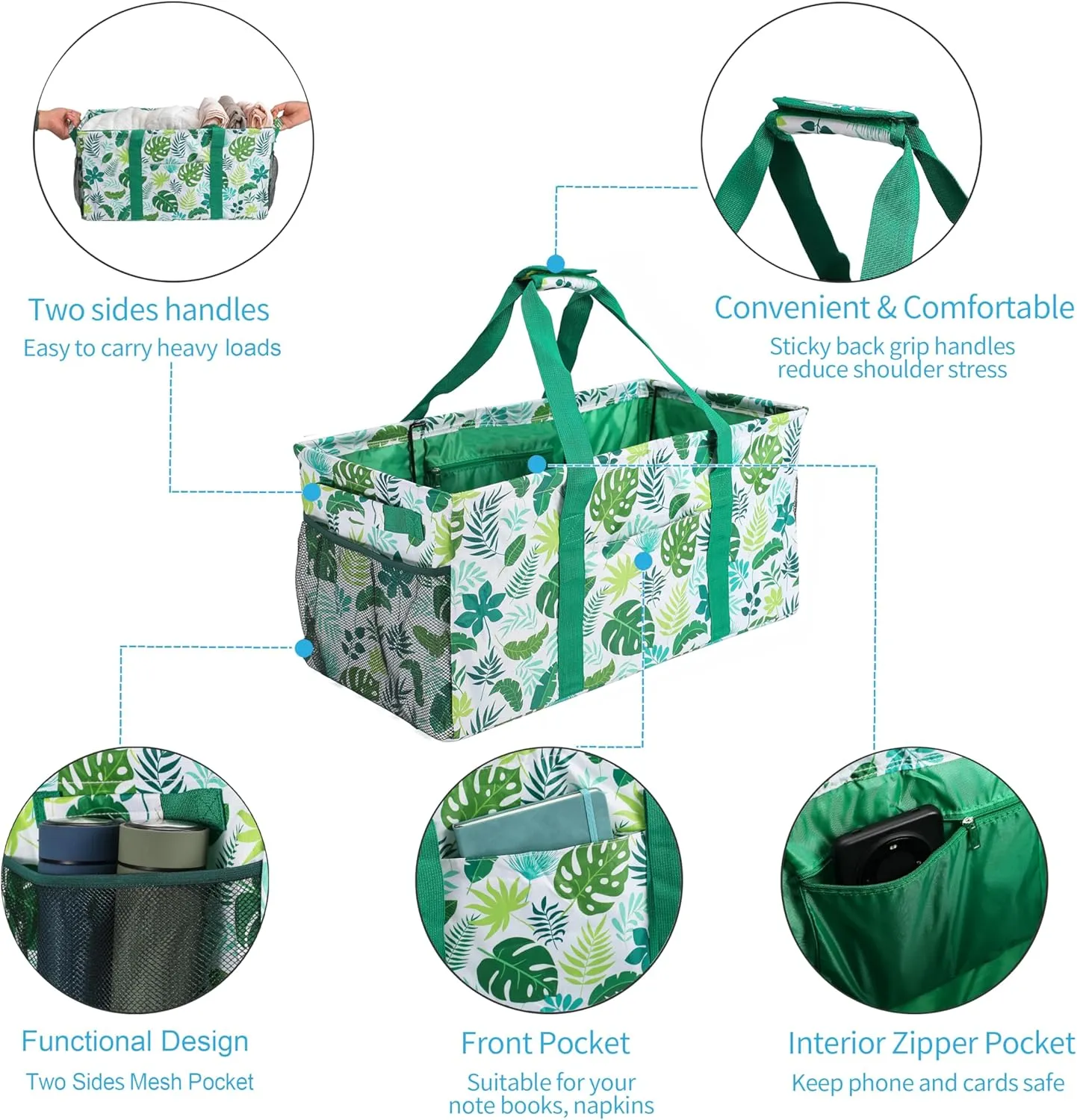 Joyfol Day Extra Large Utility Tote Bag, Reusable Grocery Bags Foldable, Upgraded Metal Frame, With Sturdy Handles Reinforced Bottom Heavy Duty Oxford Fabric Moving Shopping Bags, Leaves
