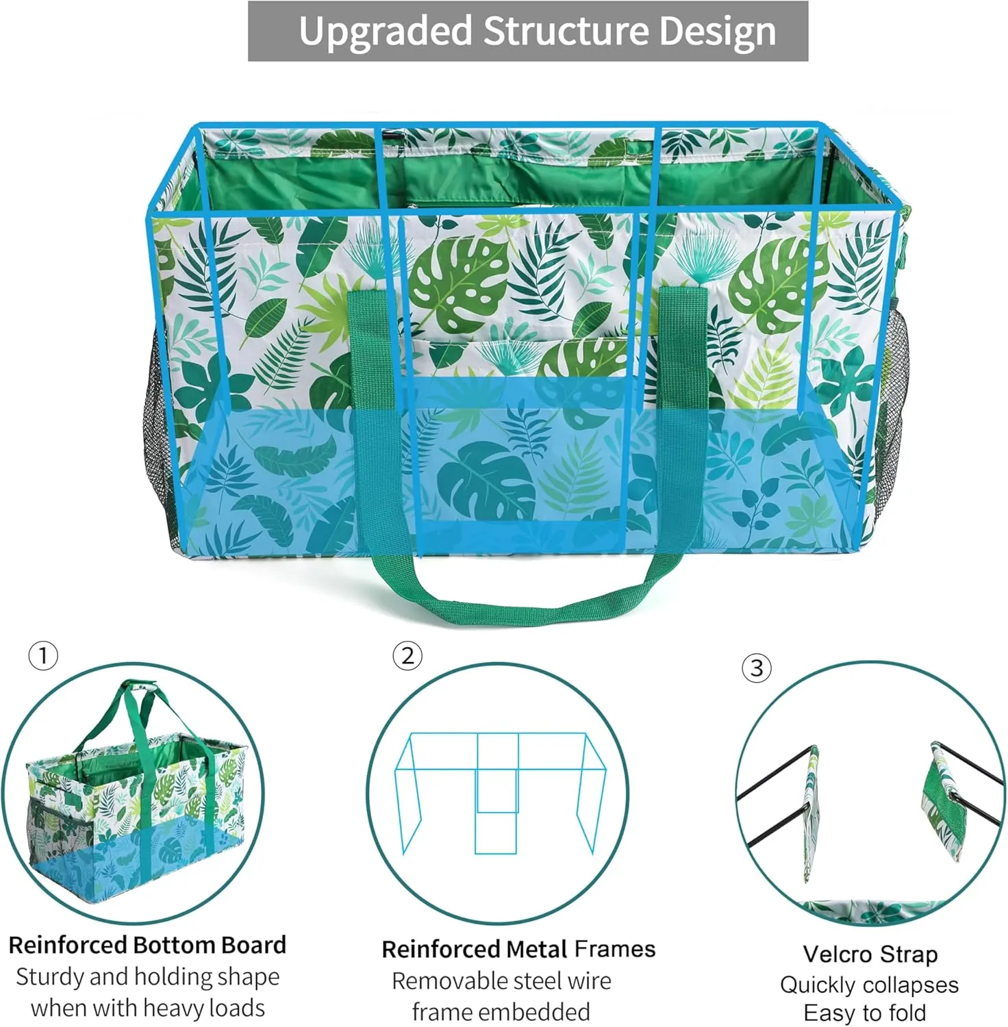 Joyfol Day Extra Large Utility Tote Bag, Reusable Grocery Bags Foldable, Upgraded Metal Frame, With Sturdy Handles Reinforced Bottom Heavy Duty Oxford Fabric Moving Shopping Bags, Leaves