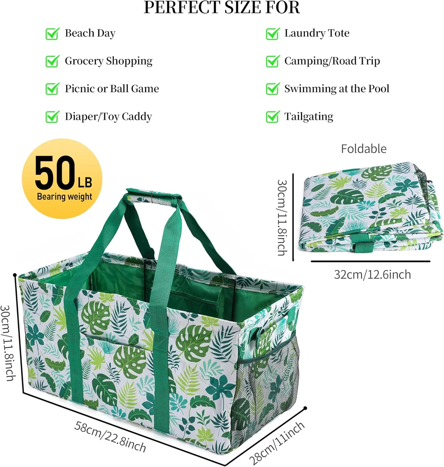 Joyfol Day Extra Large Utility Tote Bag, Reusable Grocery Bags Foldable, Upgraded Metal Frame, With Sturdy Handles Reinforced Bottom Heavy Duty Oxford Fabric Moving Shopping Bags, Leaves
