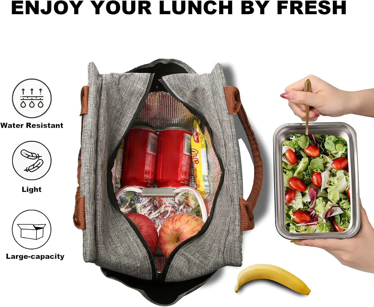 Joymee Lunch Bag Women Insulated Lunch Box Reusable Leakproof Large Spacious Tote for Women Men Adult with Bottle Holder and Side Pockets for Work Picnic Travel - Grey