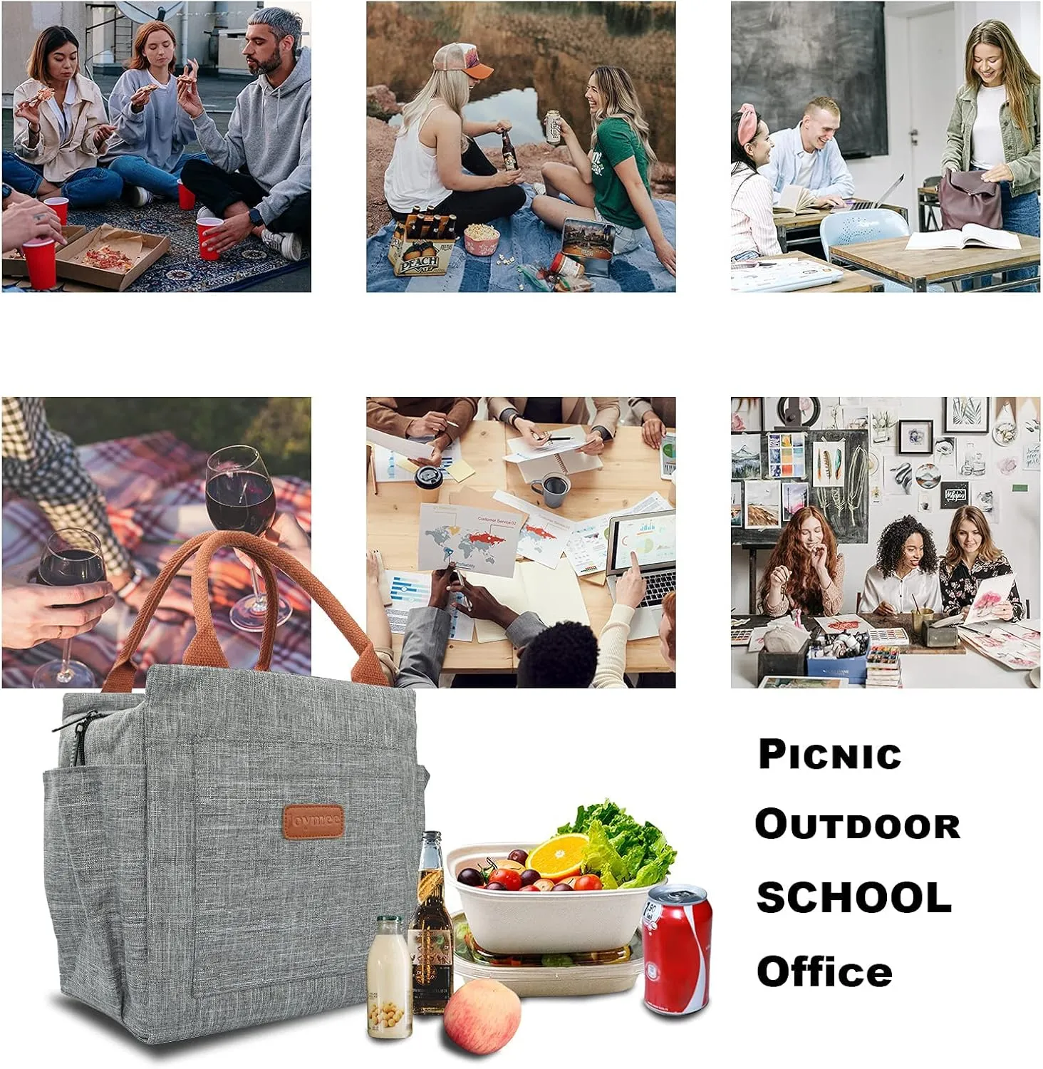 Joymee Lunch Bag Women Insulated Lunch Box Reusable Leakproof Large Spacious Tote for Women Men Adult with Bottle Holder and Side Pockets for Work Picnic Travel - Grey