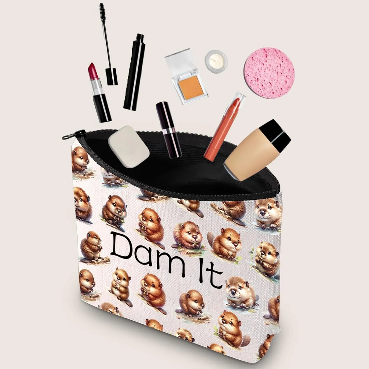 JXGZSO Funny Beaver Cosmetic Bag Beaver Lover Gift Rodent Beaver Dam It Makeup Pouch Bag (Dam It Bag)