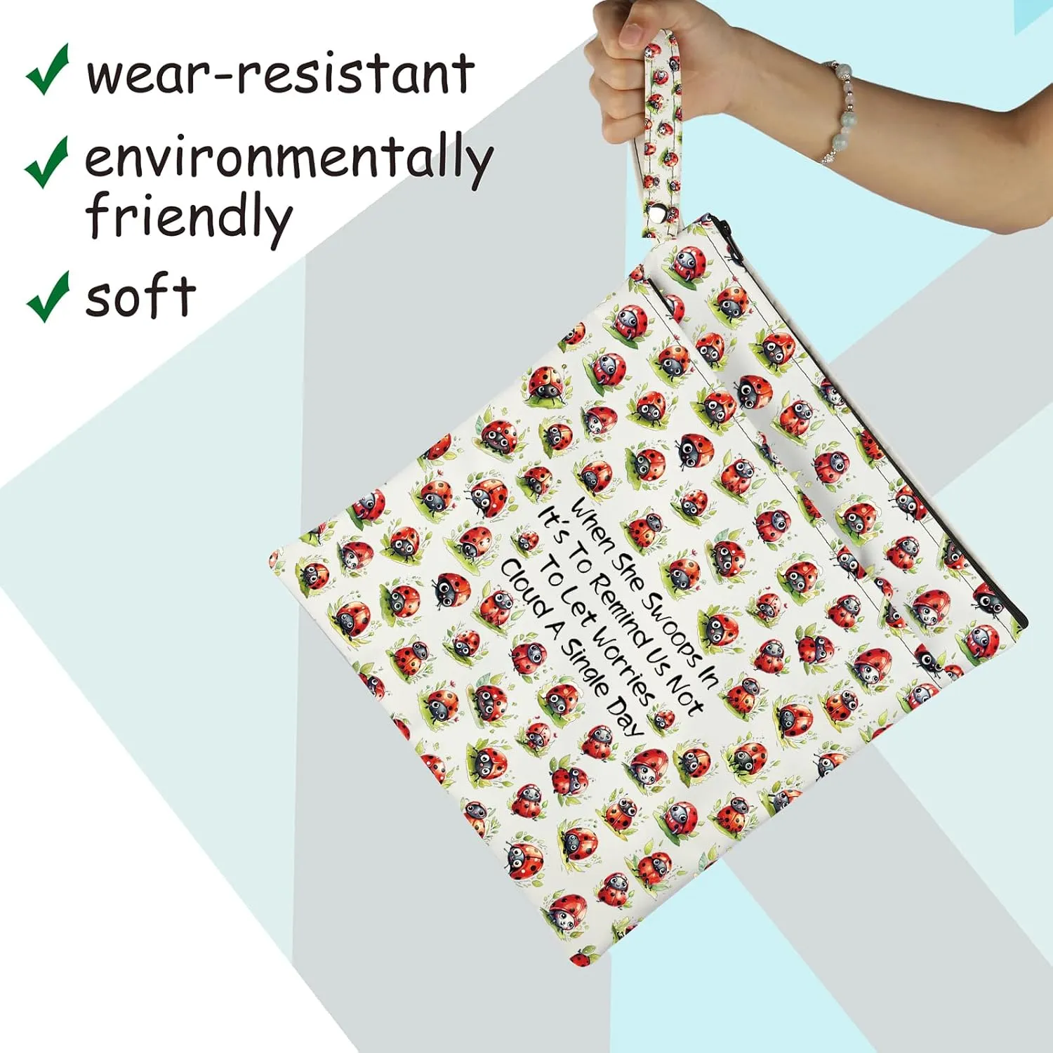 JXGZSO Good Luck Ladybug Makeup Bag With Zipper Gifts For Women When She Swoops In It's To Remind Us Not To Let Worries Cloud A Single Day Cosmetic Bag