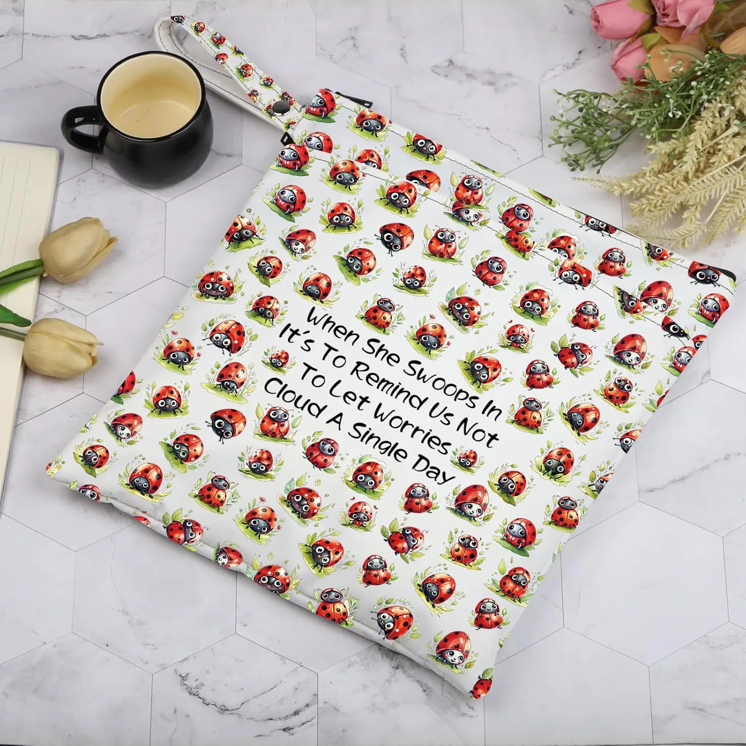 JXGZSO Good Luck Ladybug Makeup Bag With Zipper Gifts For Women When She Swoops In It's To Remind Us Not To Let Worries Cloud A Single Day Cosmetic Bag