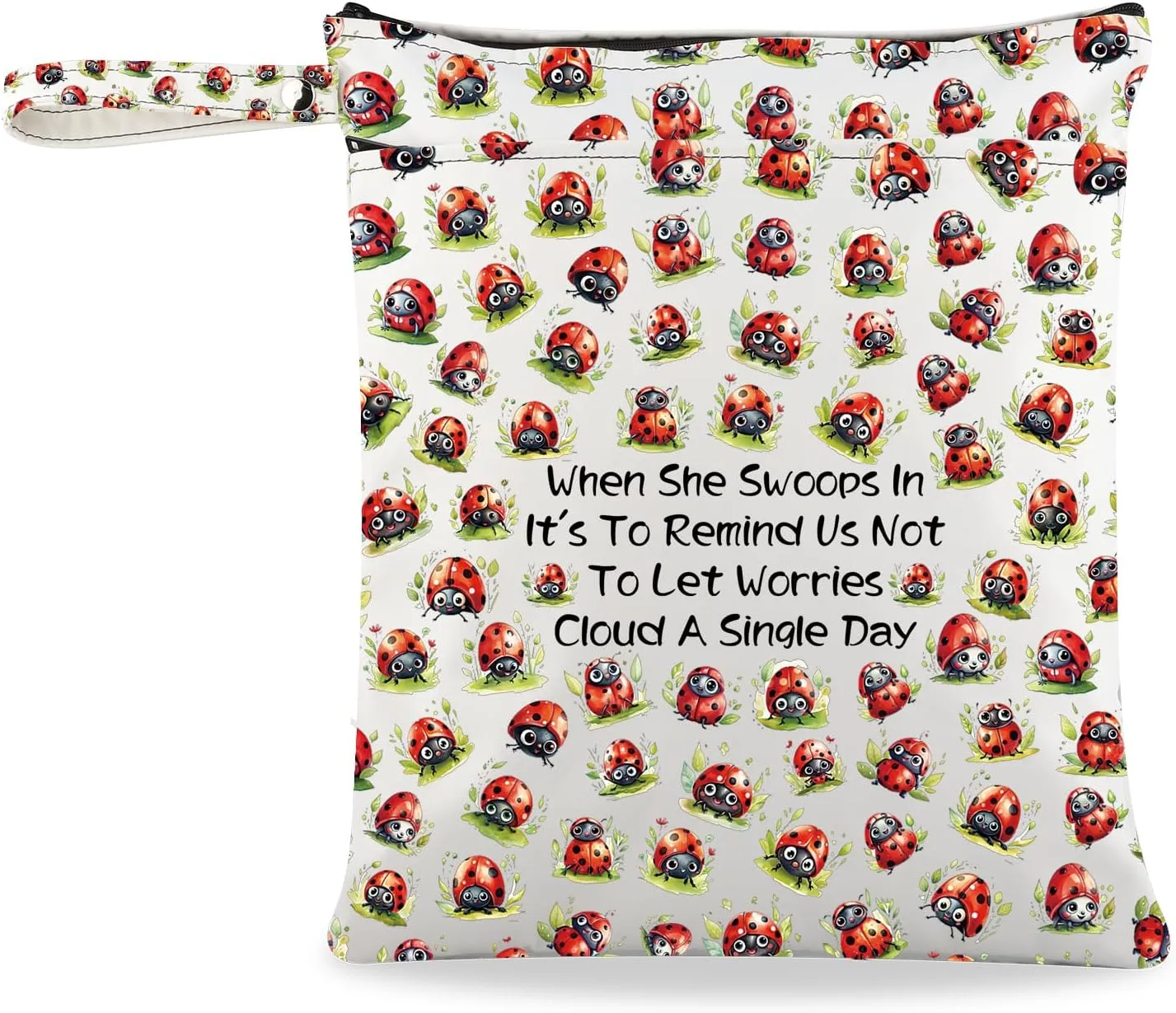 JXGZSO Good Luck Ladybug Makeup Bag With Zipper Gifts For Women When She Swoops In It's To Remind Us Not To Let Worries Cloud A Single Day Cosmetic Bag