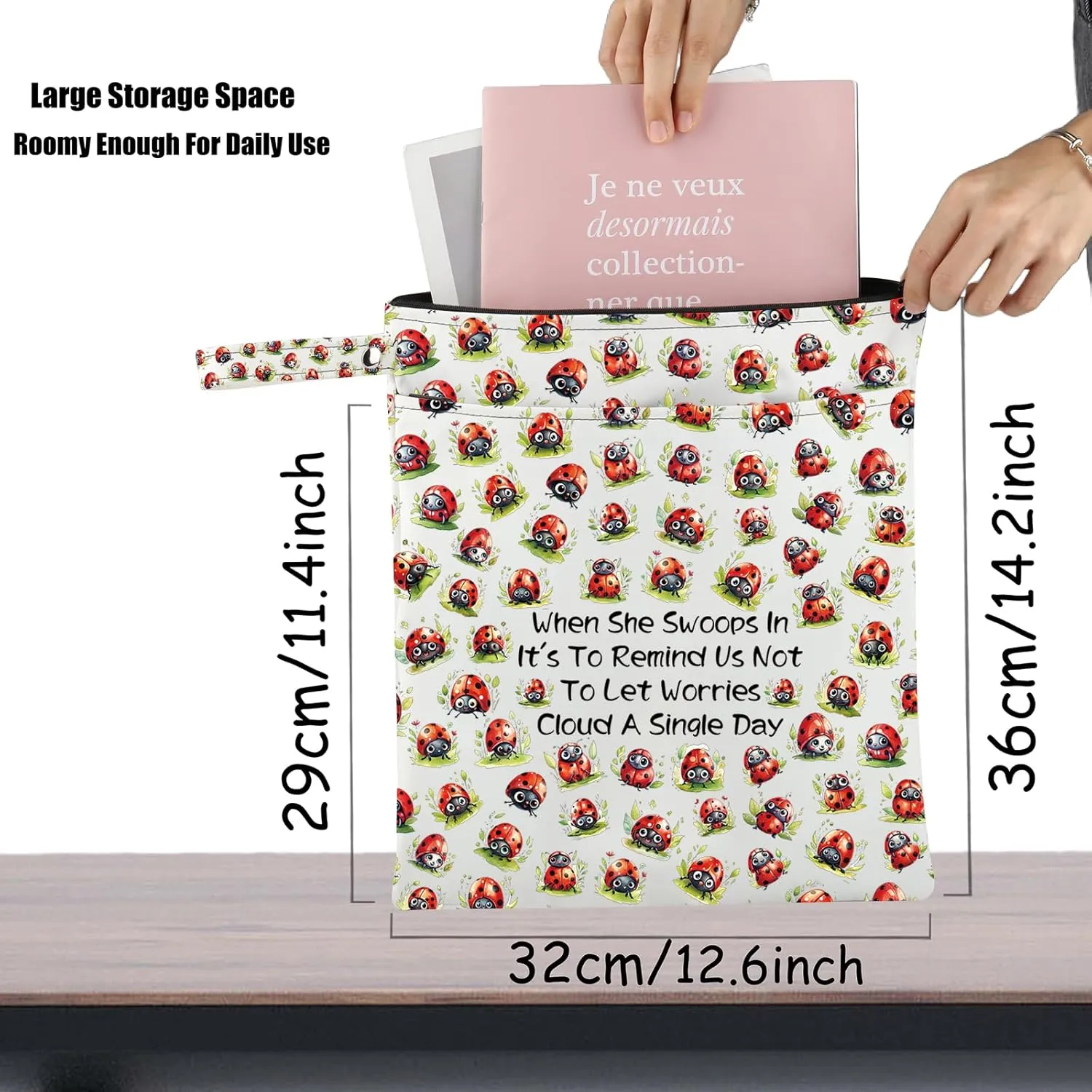JXGZSO Good Luck Ladybug Makeup Bag With Zipper Gifts For Women When She Swoops In It's To Remind Us Not To Let Worries Cloud A Single Day Cosmetic Bag