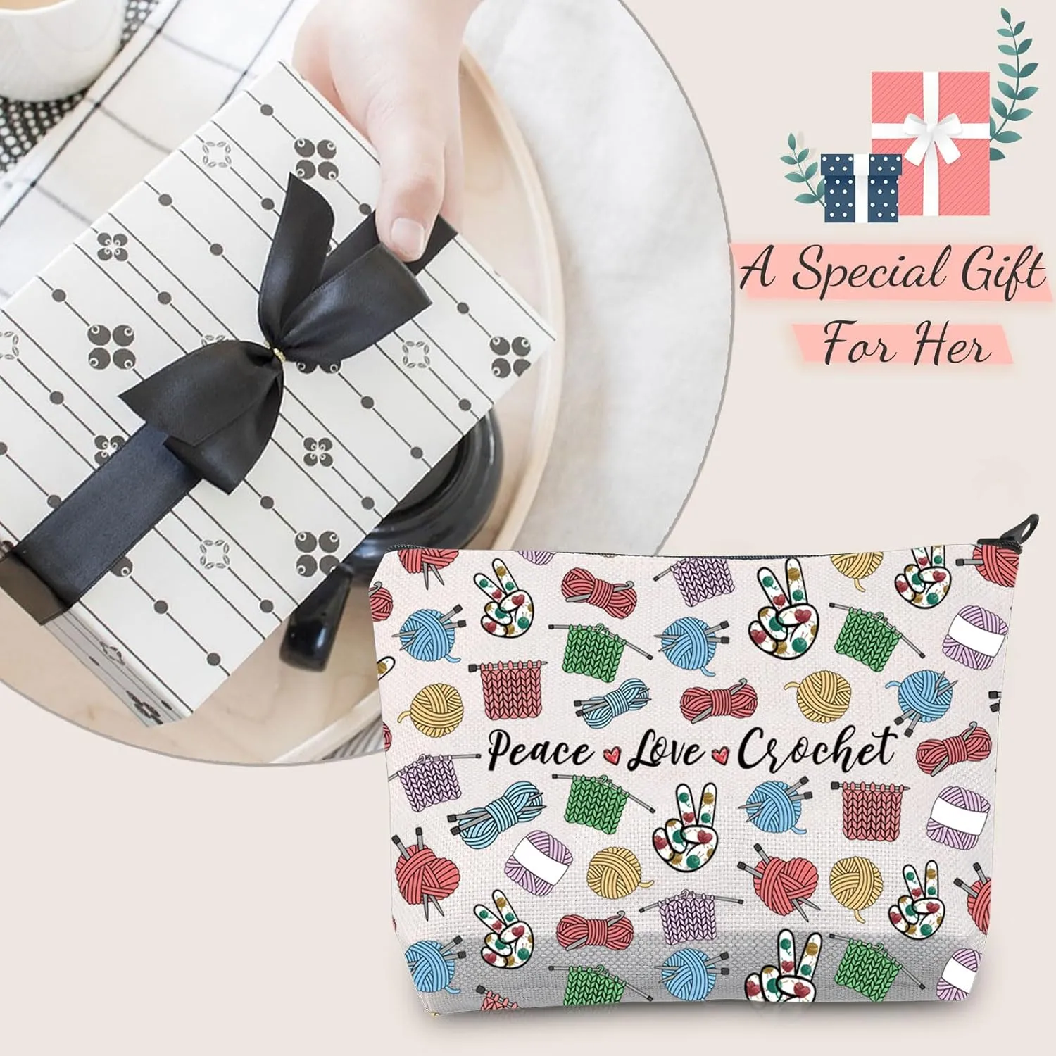 JXGZSO Knitting Project Bag Peace Love Crochet Makeup Bag With Zipper Knitter Gift
