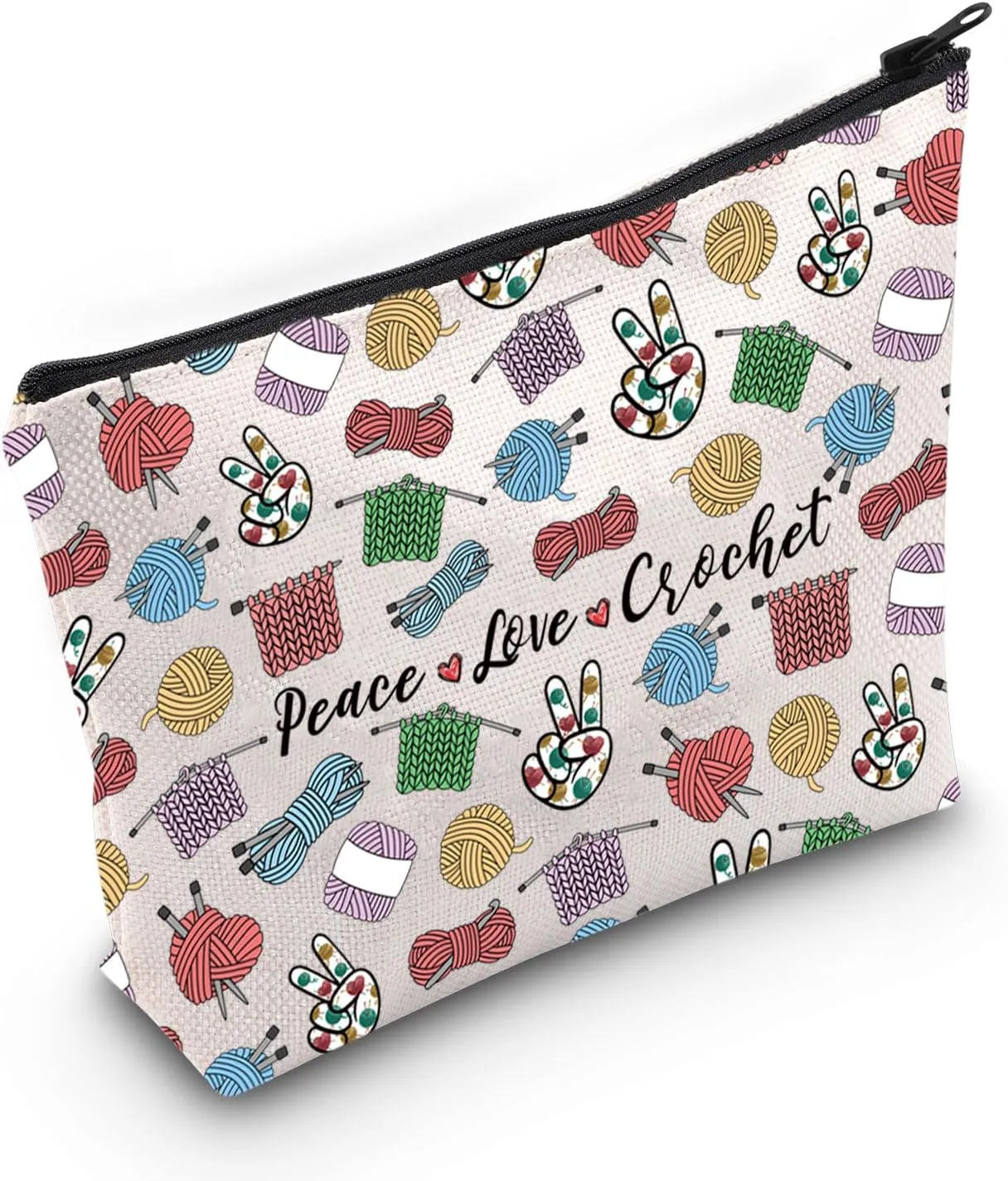 JXGZSO Knitting Project Bag Peace Love Crochet Makeup Bag With Zipper Knitter Gift