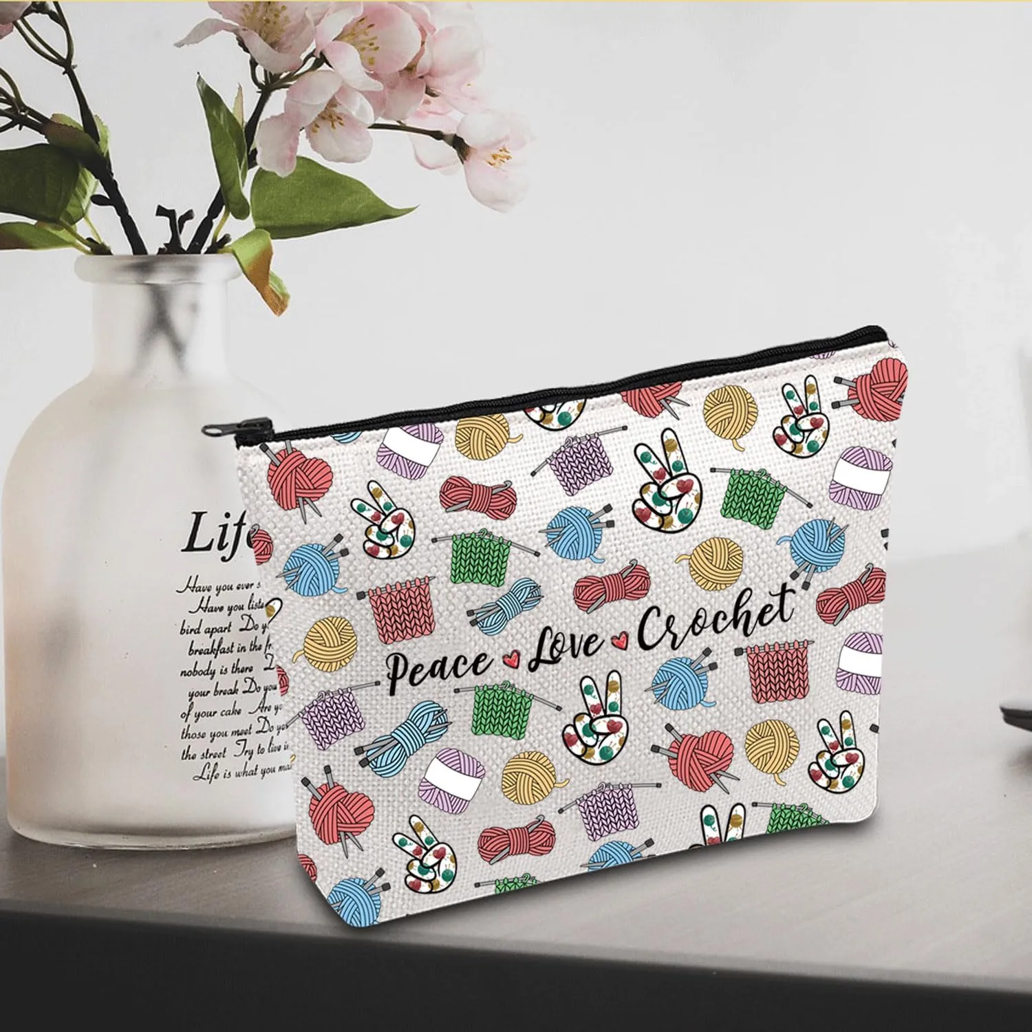 JXGZSO Knitting Project Bag Peace Love Crochet Makeup Bag With Zipper Knitter Gift