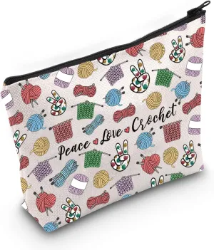 JXGZSO Knitting Project Bag Peace Love Crochet Makeup Bag With Zipper Knitter Gift