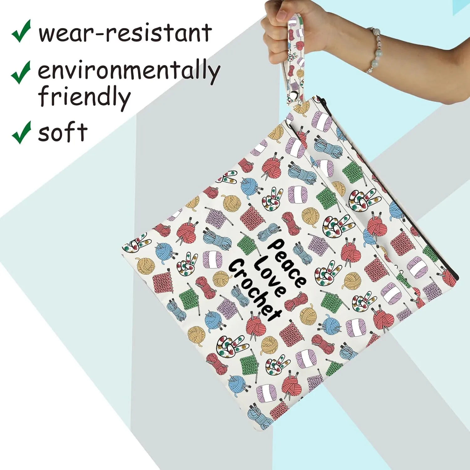 JXGZSO Knitting Project Bag Peace Love Crochet Makeup Bag With Zipper Knitter Gift