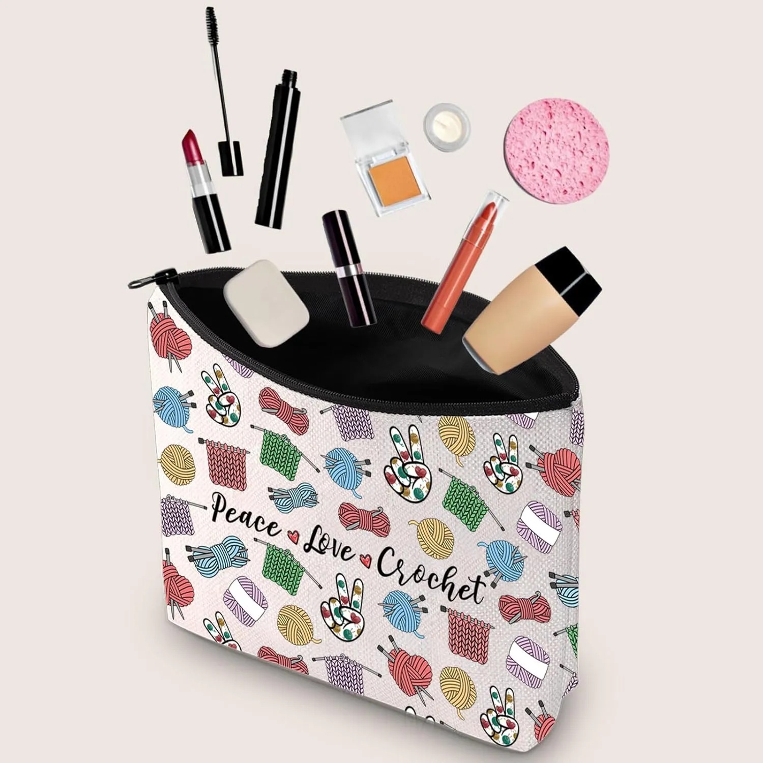 JXGZSO Knitting Project Bag Peace Love Crochet Makeup Bag With Zipper Knitter Gift