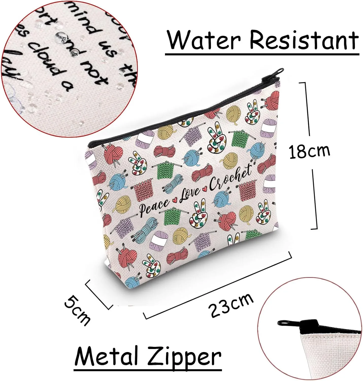 JXGZSO Knitting Project Bag Peace Love Crochet Makeup Bag With Zipper Knitter Gift