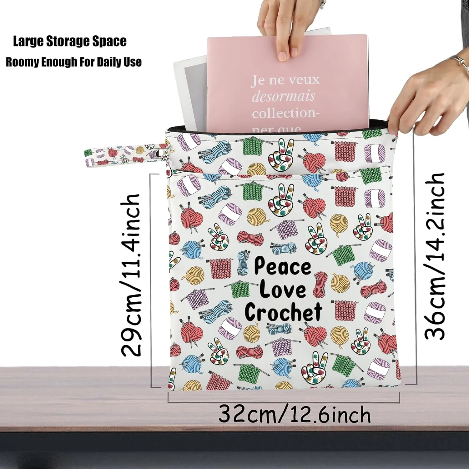 JXGZSO Knitting Project Bag Peace Love Crochet Makeup Bag With Zipper Knitter Gift