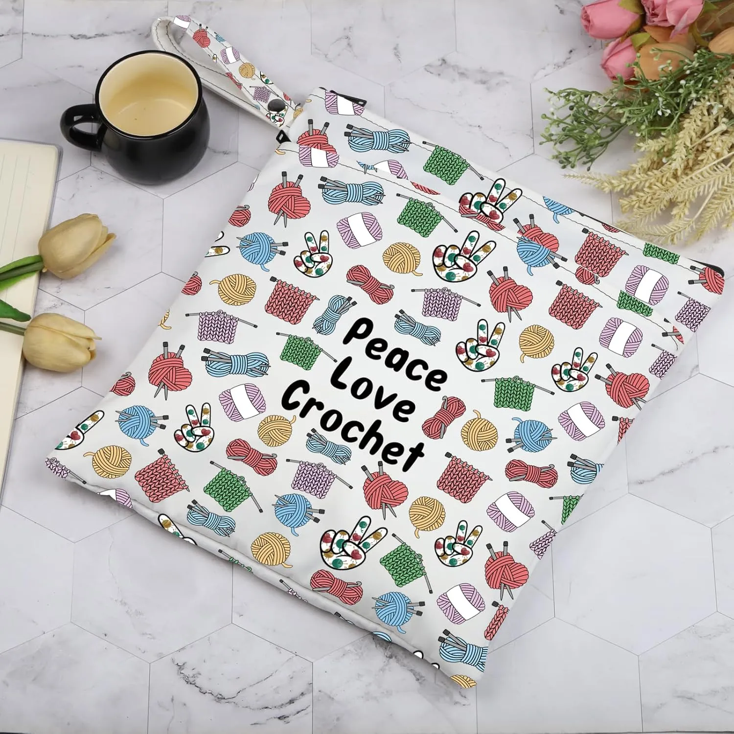 JXGZSO Knitting Project Bag Peace Love Crochet Makeup Bag With Zipper Knitter Gift