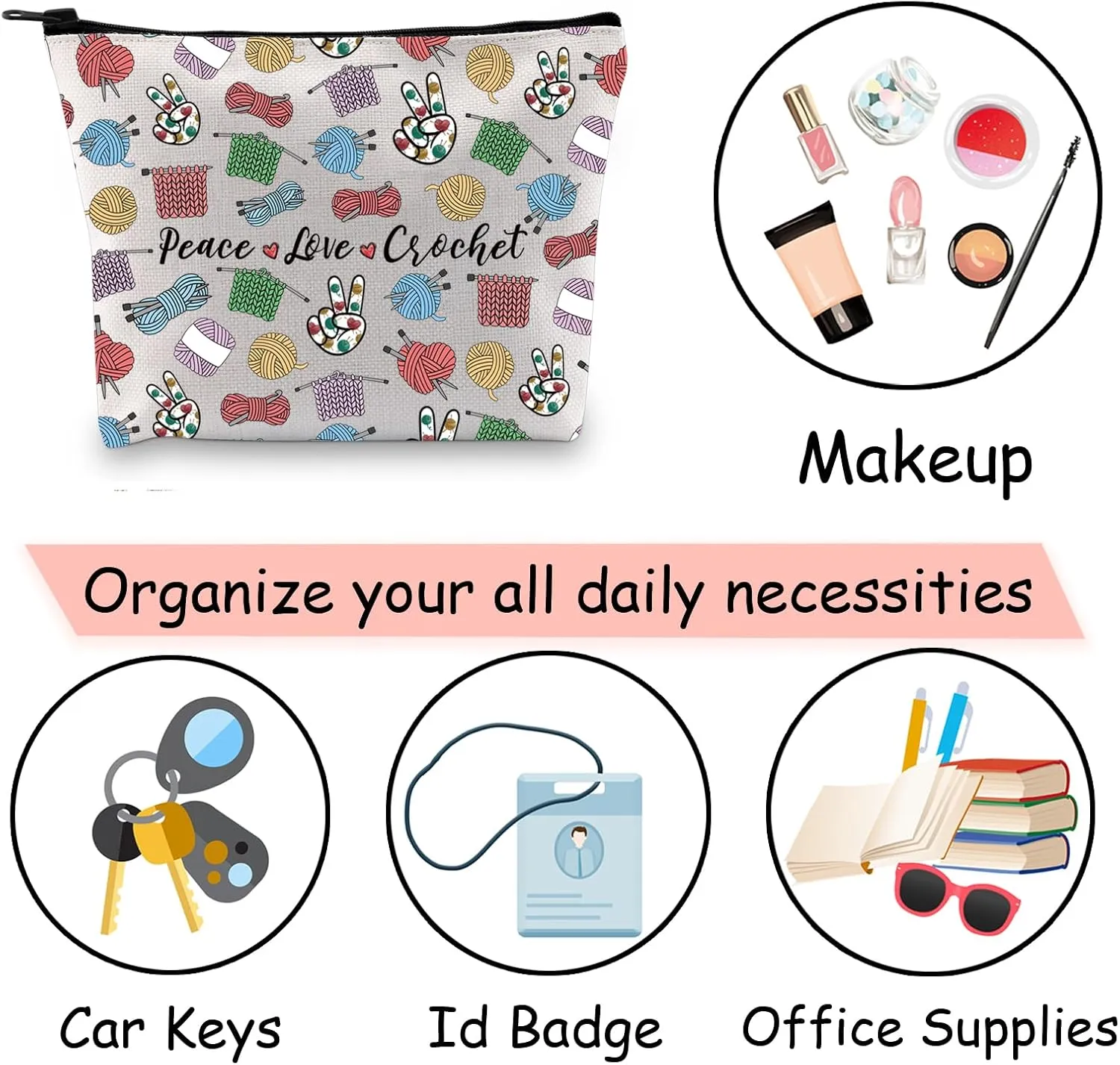 JXGZSO Knitting Project Bag Peace Love Crochet Makeup Bag With Zipper Knitter Gift