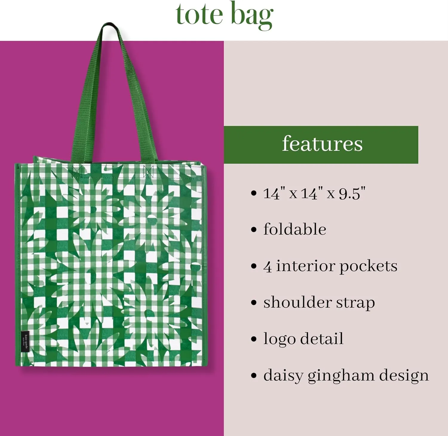 Kate Spade New York Reusable Shopping Bag, Grocery Tote with Shoulder Straps, Large Collapsible Tote