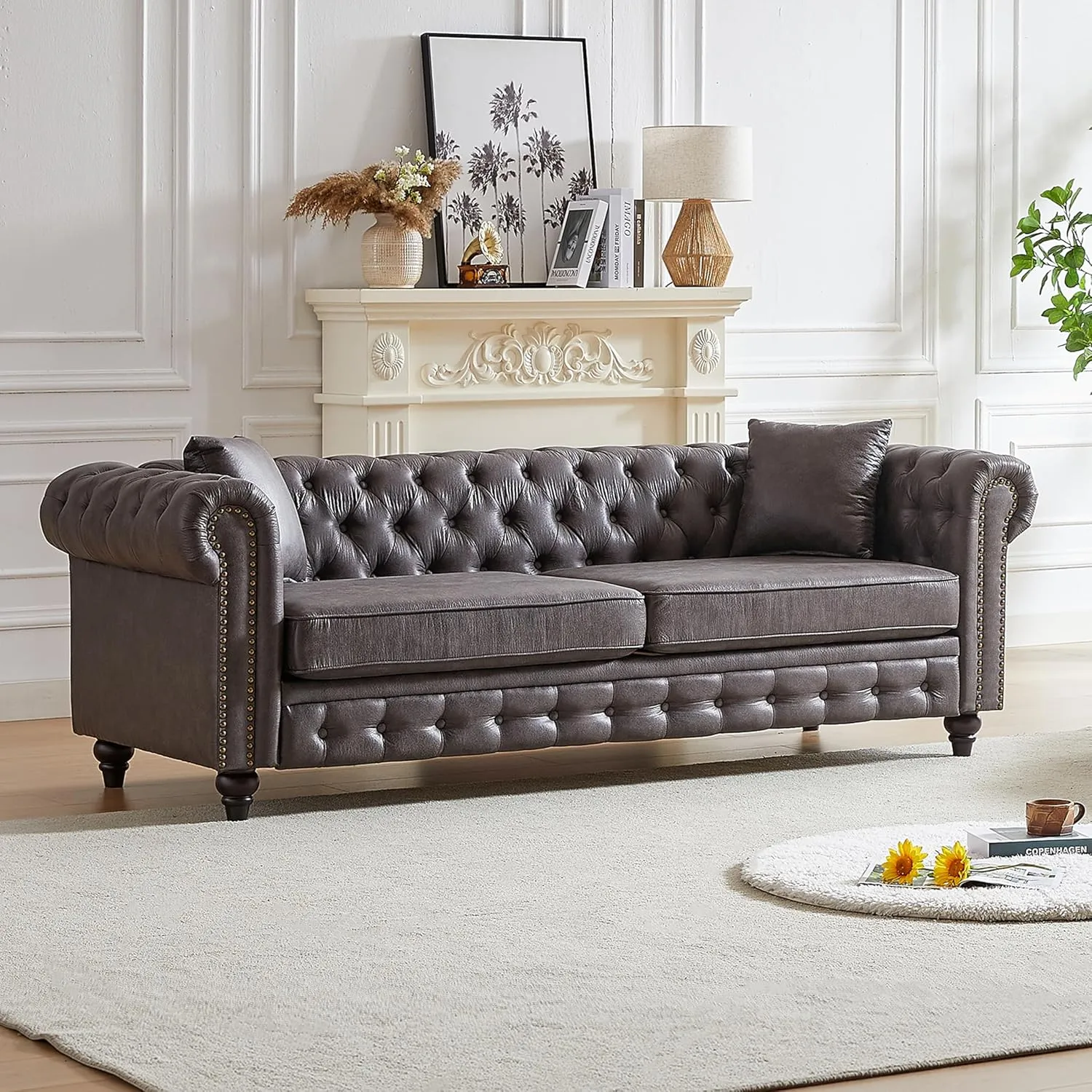 KEIKI Chesterfield Sofa, Retro Tech Fabric 3 Seater Upholstered Couch with Rolled Arm for Living Room Bedroom Office, Grey