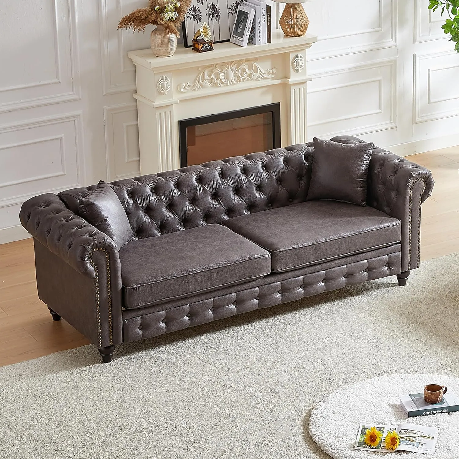 KEIKI Chesterfield Sofa, Retro Tech Fabric 3 Seater Upholstered Couch with Rolled Arm for Living Room Bedroom Office, Grey