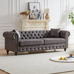 KEIKI Chesterfield Sofa, Retro Tech Fabric 3 Seater Upholstered Couch with Rolled Arm for Living Room Bedroom Office, Grey