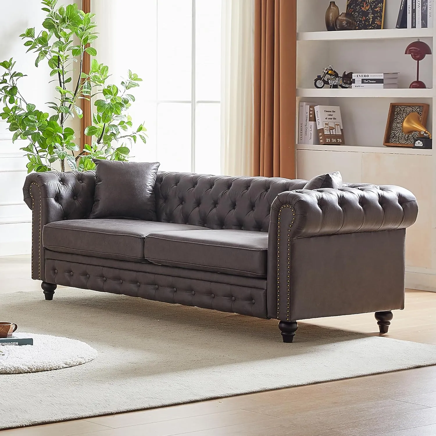 KEIKI Chesterfield Sofa, Retro Tech Fabric 3 Seater Upholstered Couch with Rolled Arm for Living Room Bedroom Office, Grey
