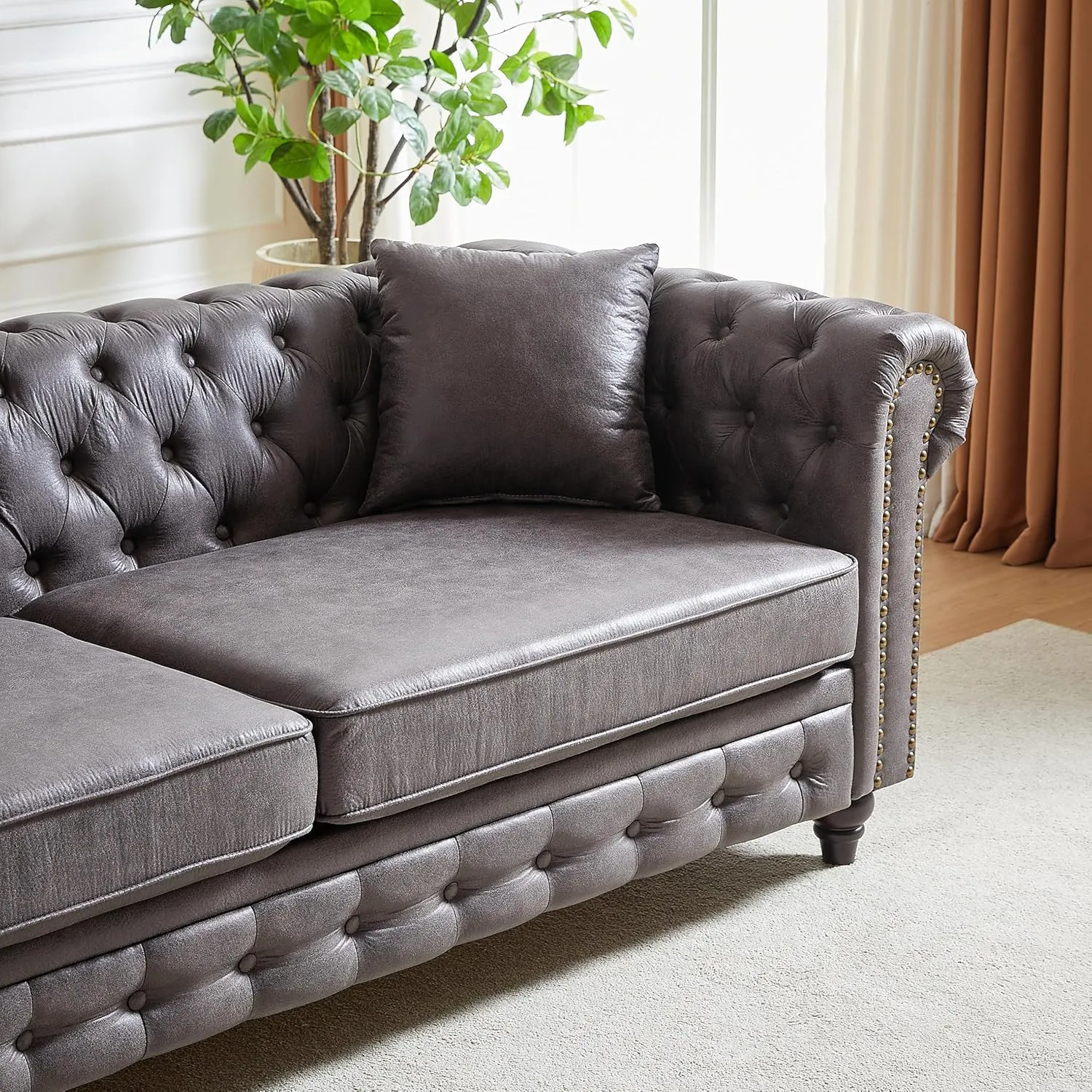 KEIKI Chesterfield Sofa, Retro Tech Fabric 3 Seater Upholstered Couch with Rolled Arm for Living Room Bedroom Office, Grey