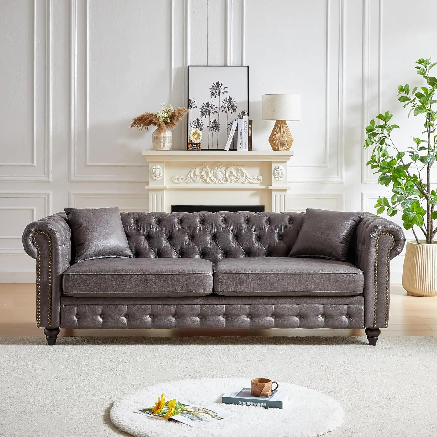 KEIKI Chesterfield Sofa, Retro Tech Fabric 3 Seater Upholstered Couch with Rolled Arm for Living Room Bedroom Office, Grey