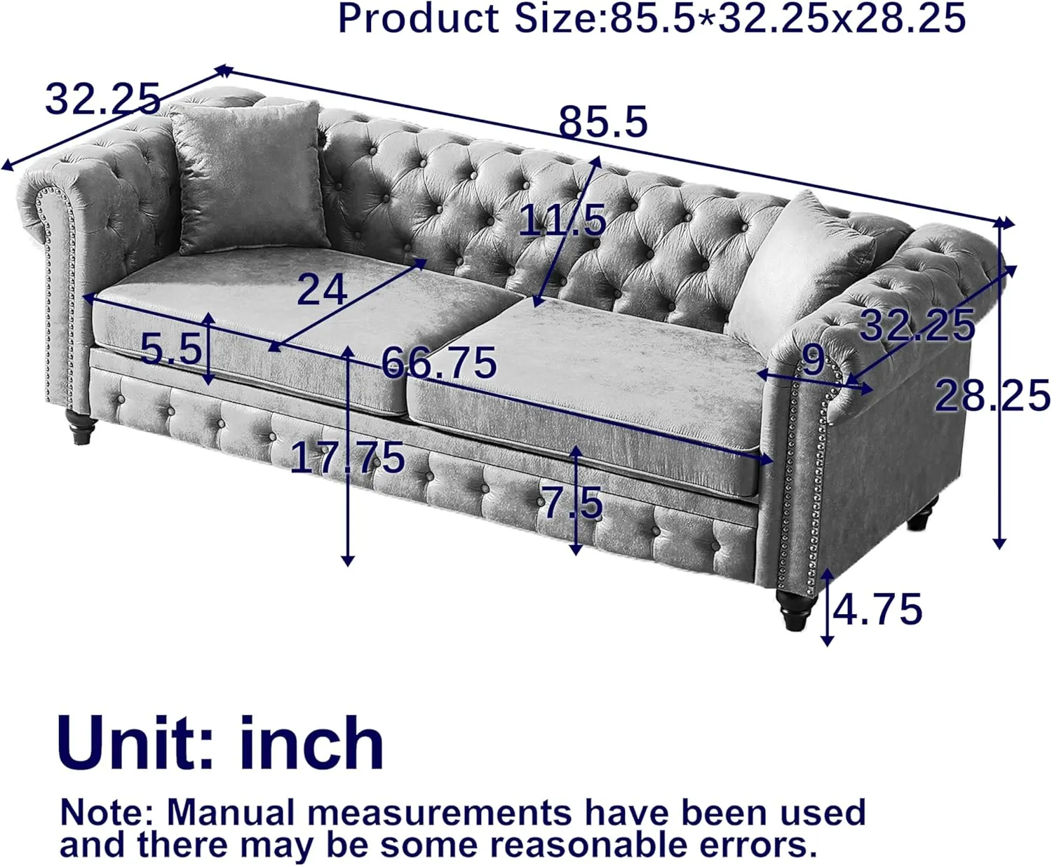 KEIKI Chesterfield Sofa, Retro Tech Fabric 3 Seater Upholstered Couch with Rolled Arm for Living Room Bedroom Office, Grey