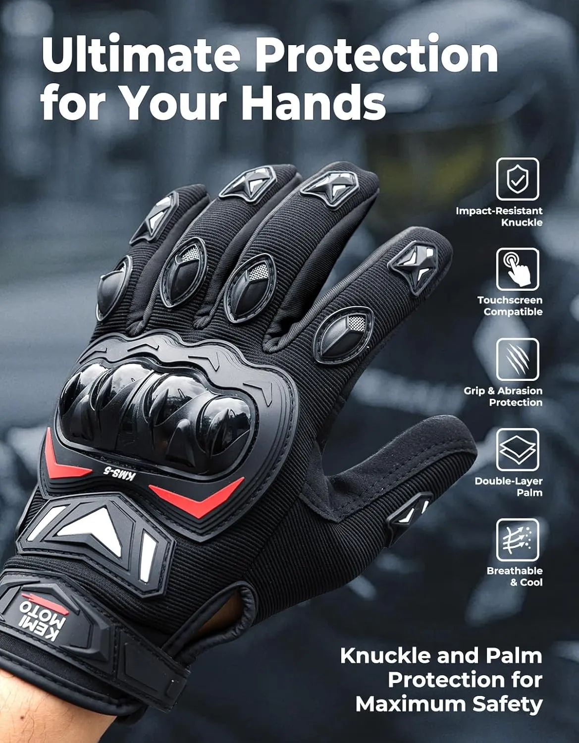 KEMIMOTO Motorcycle Gloves for Men and Women, Touchscreen Cycling Gloves for Outdoor Sports On-Road Off-Road Mountain Motorcycle Motorcross Motorbike Dirt Bike Bicycle Racing ATV UTV, L, Black