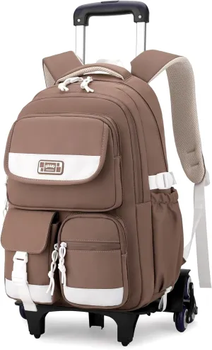 Kids Rolling Backpack for Girls, Boys Roller Backpack with Wheels, Solid-color Trolley Bags Wheeled School Bookbag on 6 Wheels - Brown
