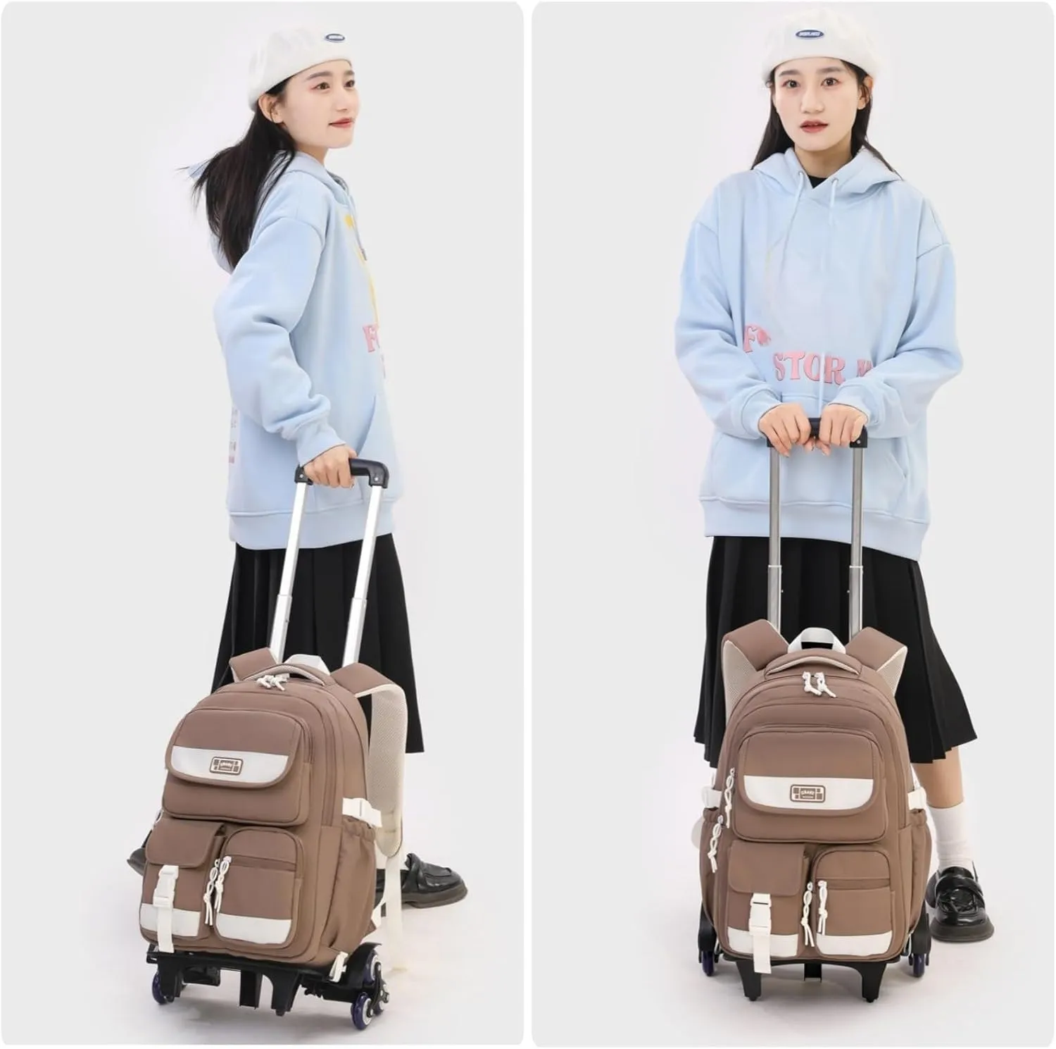 Kids Rolling Backpack for Girls, Boys Roller Backpack with Wheels, Solid-color Trolley Bags Wheeled School Bookbag on 6 Wheels - Brown