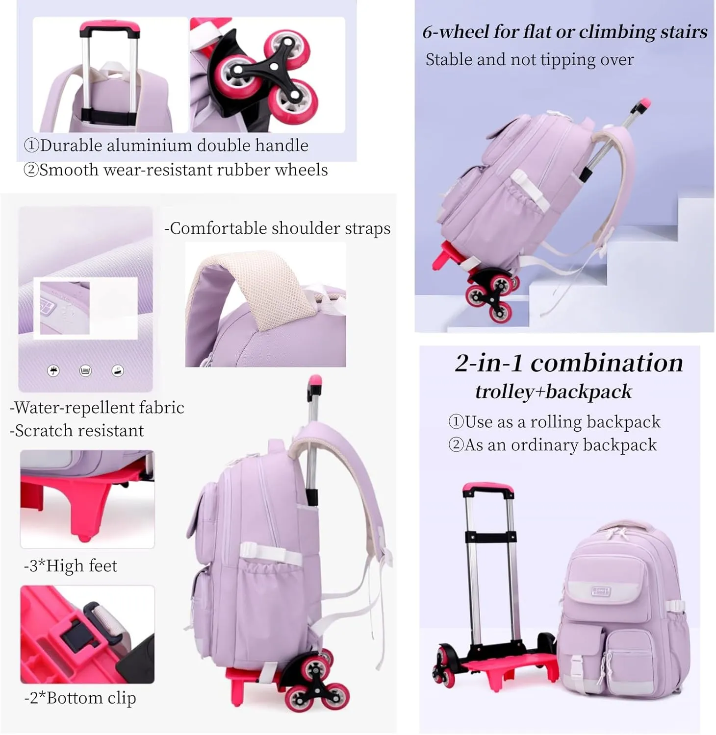 Kids Rolling Backpack for Girls, Boys Roller Backpack with Wheels, Solid-color Trolley Bags Wheeled School Bookbag on 6 Wheels - Brown