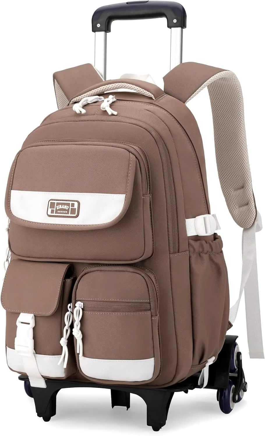 Kids Rolling Backpack for Girls, Boys Roller Backpack with Wheels, Solid-color Trolley Bags Wheeled School Bookbag on 6 Wheels - Brown