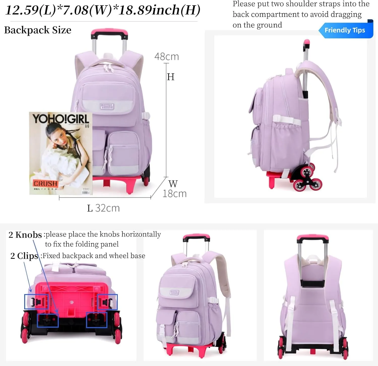 Kids Rolling Backpack for Girls, Boys Roller Backpack with Wheels, Solid-color Trolley Bags Wheeled School Bookbag on 6 Wheels - Brown