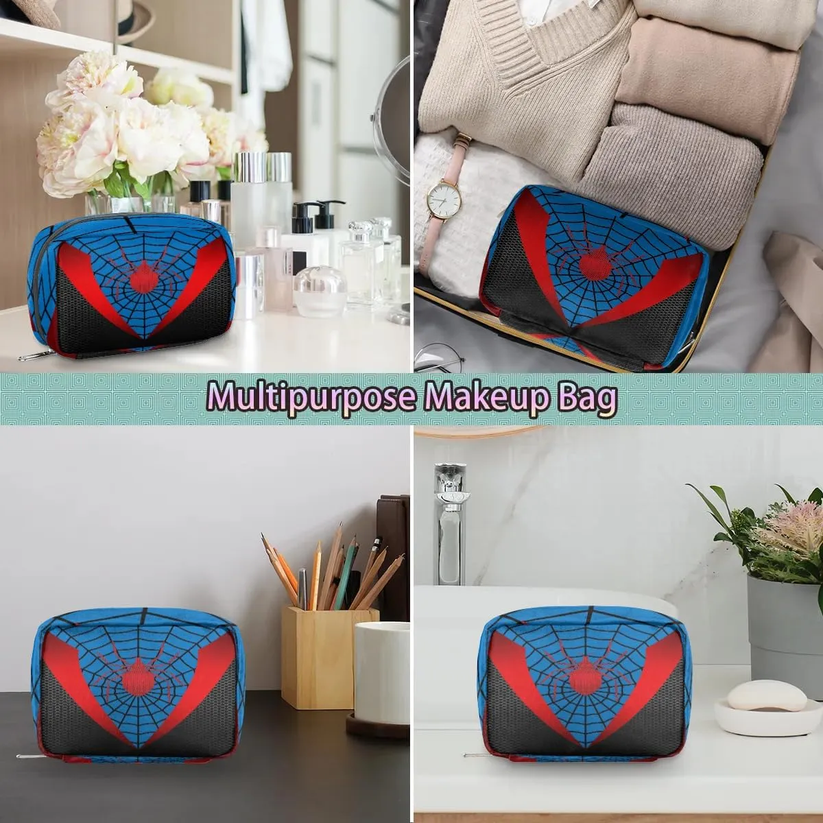 Kids Toiletry Bag for Boys, Cute Small Blue Spider Web Wash Bag for Teens Waterproof Cosmetic Weekender Bag Toddler Traveling Toiletries