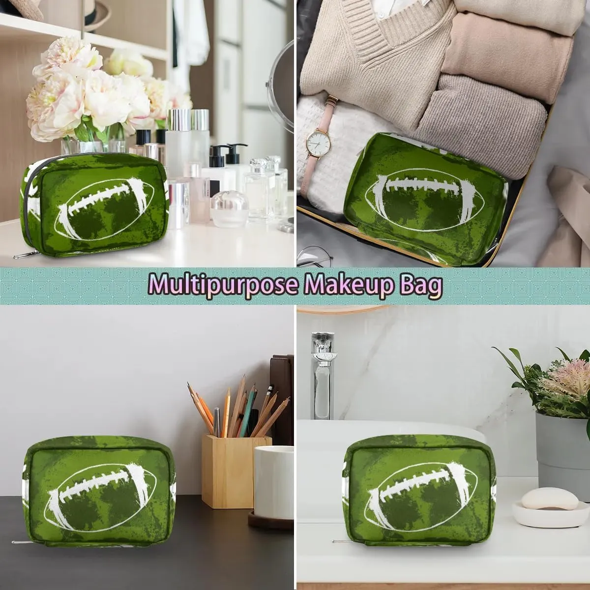 Kids Toiletry Bag for Boys, Small Cute Green Football Wash Bag for Little Young Boys Waterproof Cosmetic Weekender Bag Toddler Traveling Toiletries