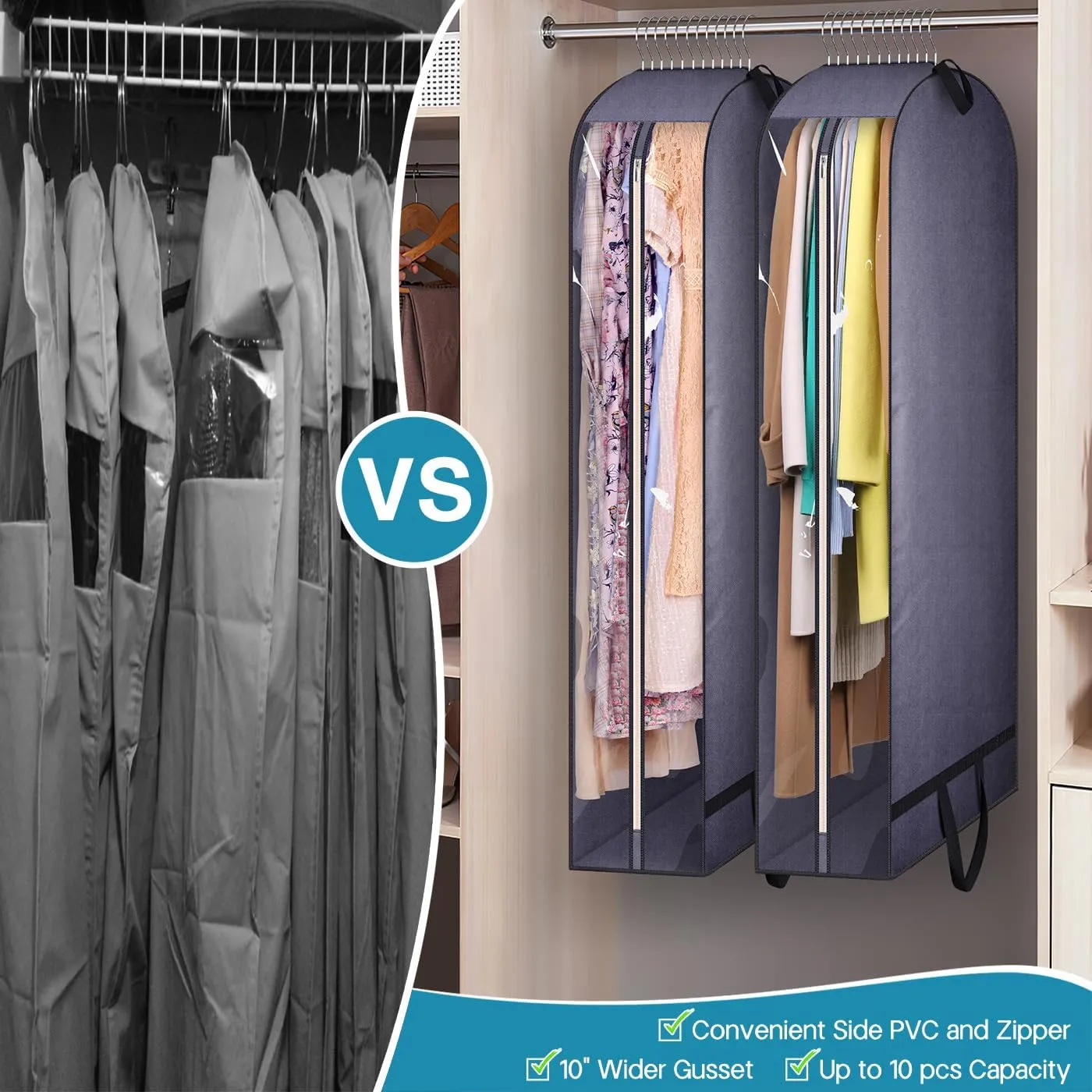 KIMBORA 10" Gusseted Clear Dress Bags for Gowns 54" Suit Bags for Closet Storage with Handles Garment Bags for Hanging Clothes Storage Garment Covers for Coats, Suits, Jackets, Dresses(2 Packs, Grey)