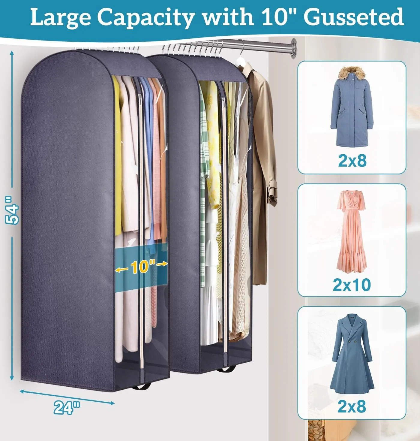 KIMBORA 10" Gusseted Clear Dress Bags for Gowns 54" Suit Bags for Closet Storage with Handles Garment Bags for Hanging Clothes Storage Garment Covers for Coats, Suits, Jackets, Dresses(2 Packs, Grey)